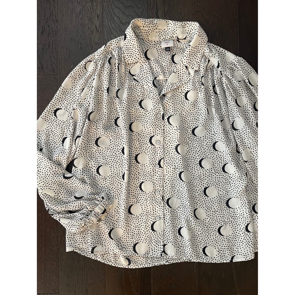 Cabi Moon Print Blouse White Black Polka Dot Button Up Shirt 4340 Womens Medium